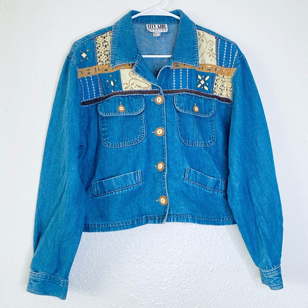 🍓 City Girl Petites Vintage Boho Western Embroidered Studded Denim Shacket 10